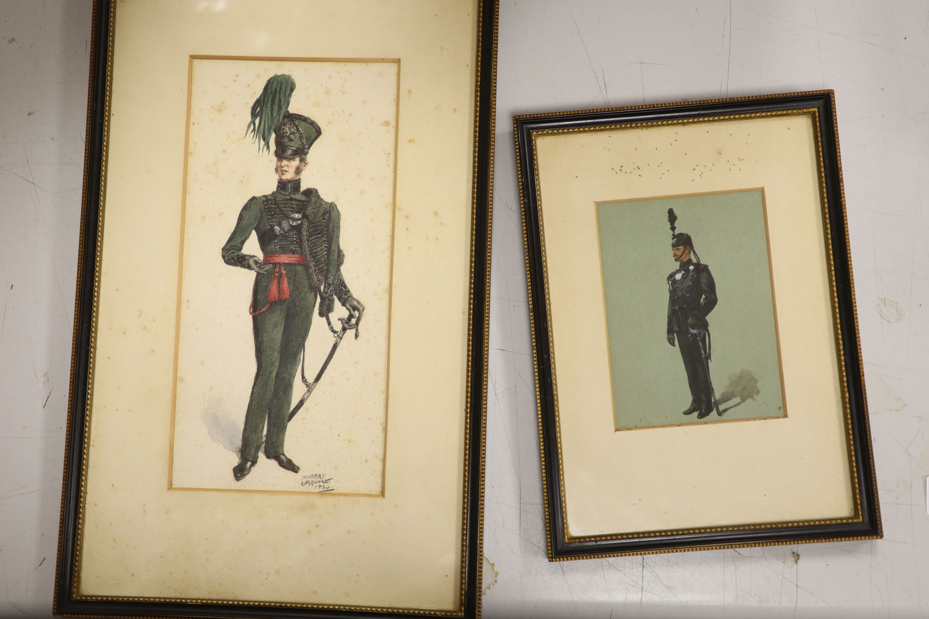 A collection of seventeen assorted 19th century Military paintings and prints including Murray Urquhart (1880-1972) study of a Rifleman, dated 1934, 26 x 12.5cm